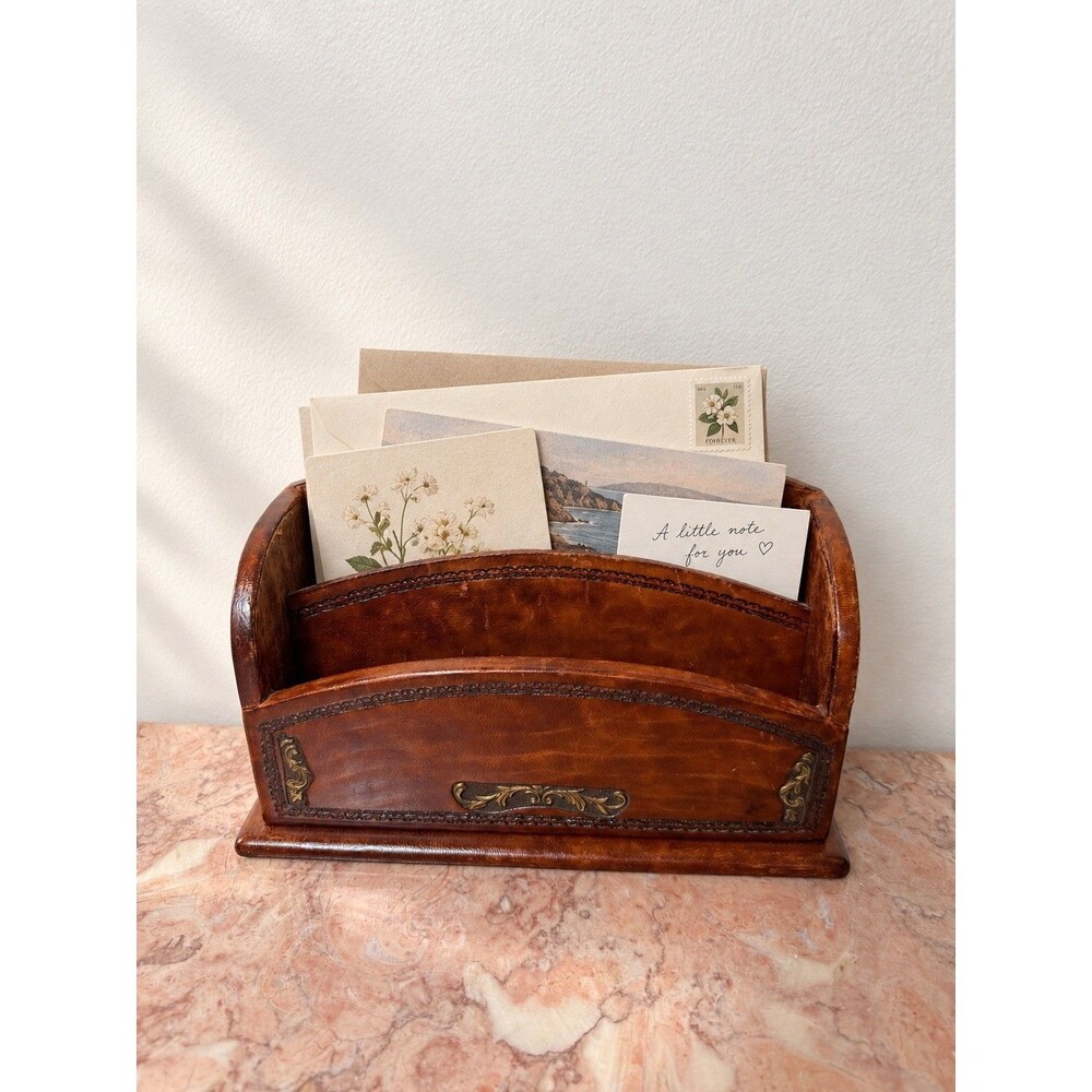 Vintage Leather Letter Holder Desk Organizer Mail Rack Floral Brass Accent